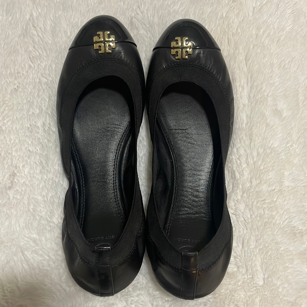 Tory Burch Black Leather Stretch Flats